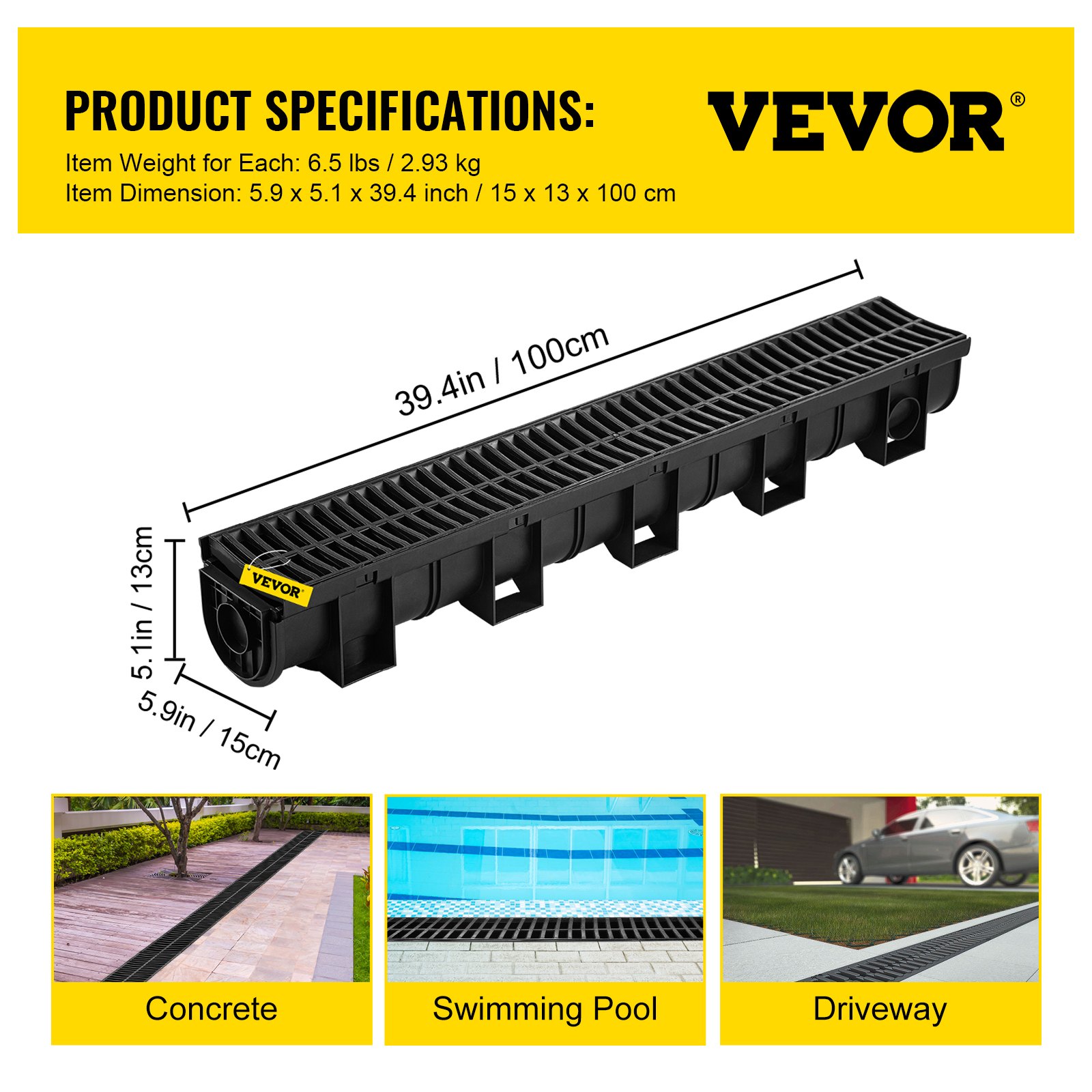 Sistema de drenaje de zanja VEVOR con especificaciones de producto y escenarios de uso para concreto, piscina y camino de entrada.