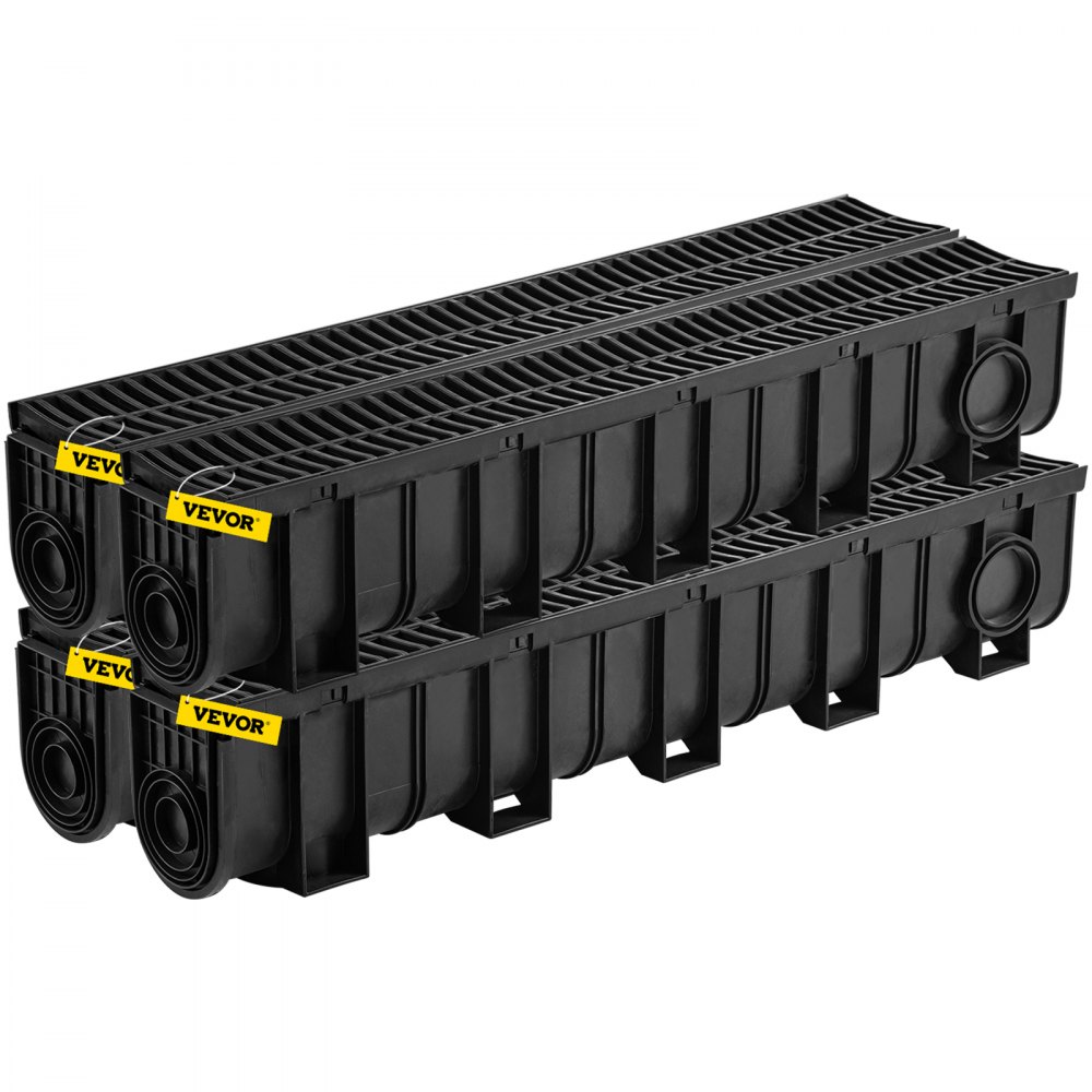 Sistema de drenaje de zanja VEVOR, canal de drenaje con rejilla de plástico, zanja de drenaje de HDPE de 5.9 x 7.5 pulgadas, drenaje de piso de garaje de plástico negro, rejilla de drenaje de 4 x 39 pulgadas, con 4 tapas, para jardín y entrada de vehículos (paquete de 4)