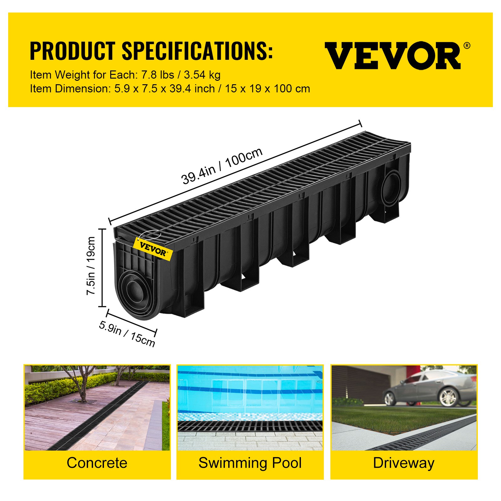 Sistema de drenaje de zanja VEVOR para hormigón, piscinas y caminos de acceso; dimensiones visibles.