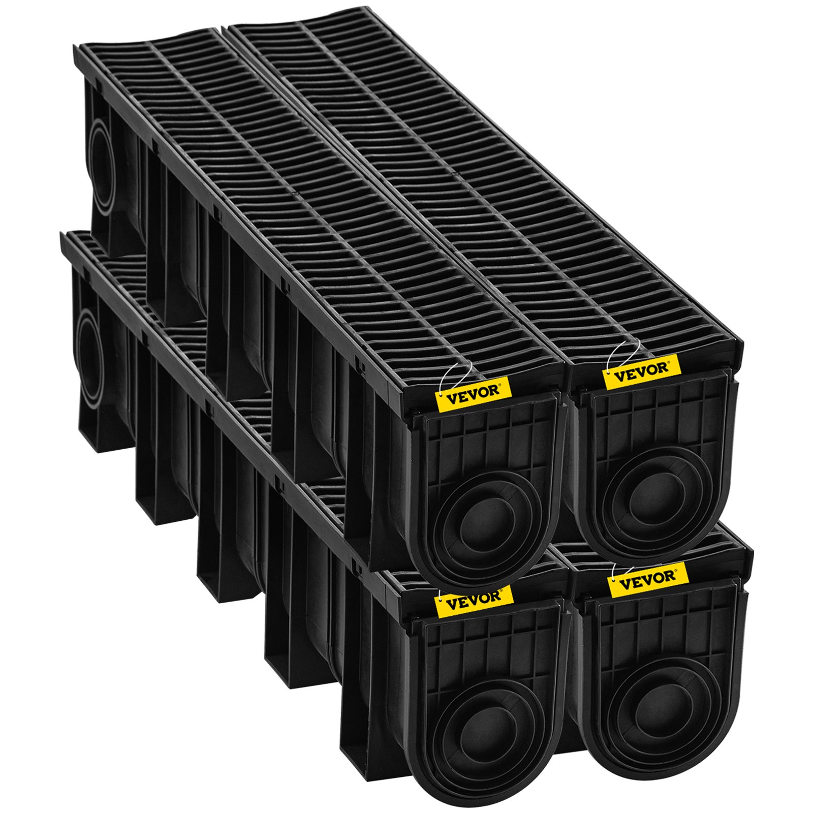 Sistema de drenaje de zanja VEVOR negro con logotipos amarillos, apilados para su instalación.