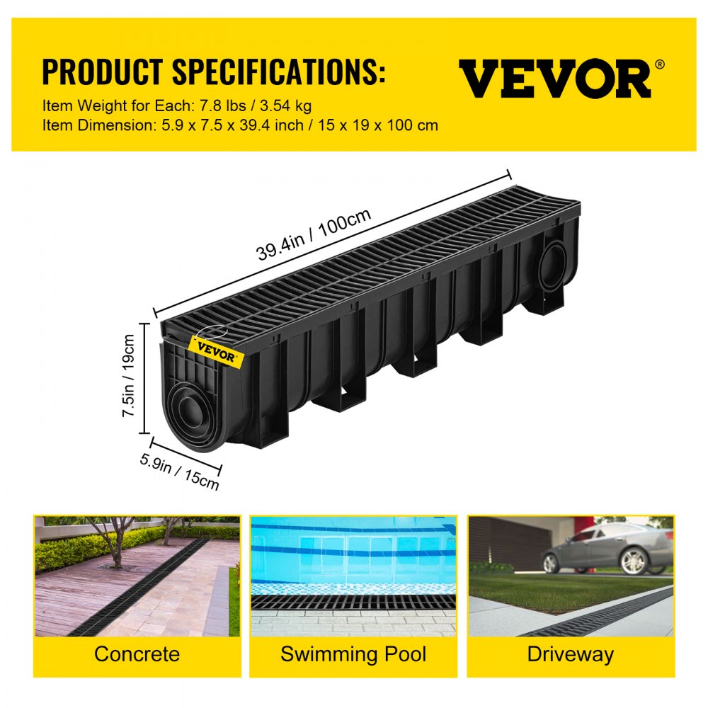 Sistema de drenaje de zanja VEVOR: ideal para hormigón, piscinas y caminos de acceso.