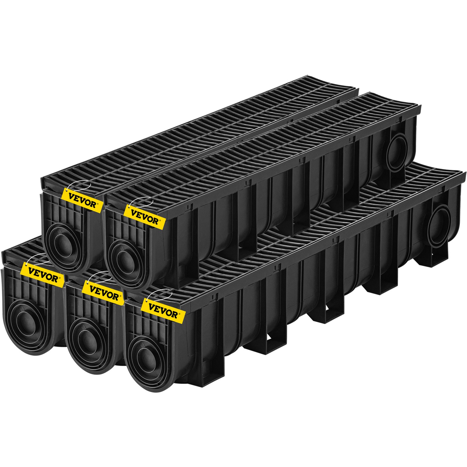 Sistema de drenaje de zanja VEVOR negro apilado con etiquetas de marca amarillas.