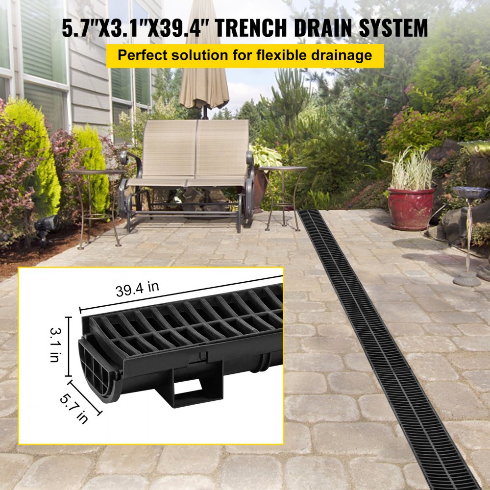 Sistema de drenaje de zanja VEVOR instalado en un patio con dimensiones preliminares insertadas.