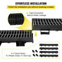 Sistema de drenaje de trinchera VEVOR, drenaje de canal con rejilla de plástico, trinchera de drenaje de HDPE de 5.7 x 3.1 pulgadas, drenaje de suelo de garaje de plástico negro, rejilla de drenaje de trinchera de 4 x 39, con 4 tapas finales, para jardín, entrada, paquete de 4