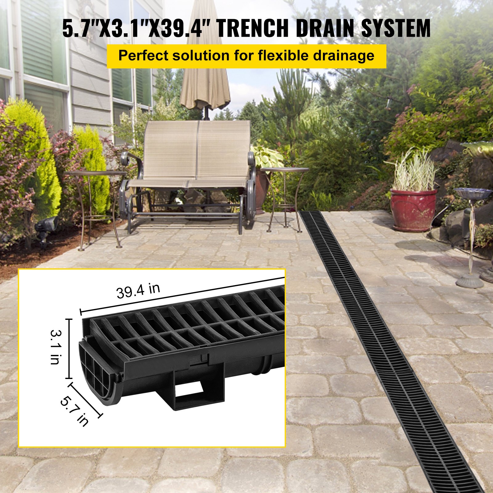 Sistema de drenaje de zanja VEVOR instalado en un patio con dimensiones preliminares insertadas.