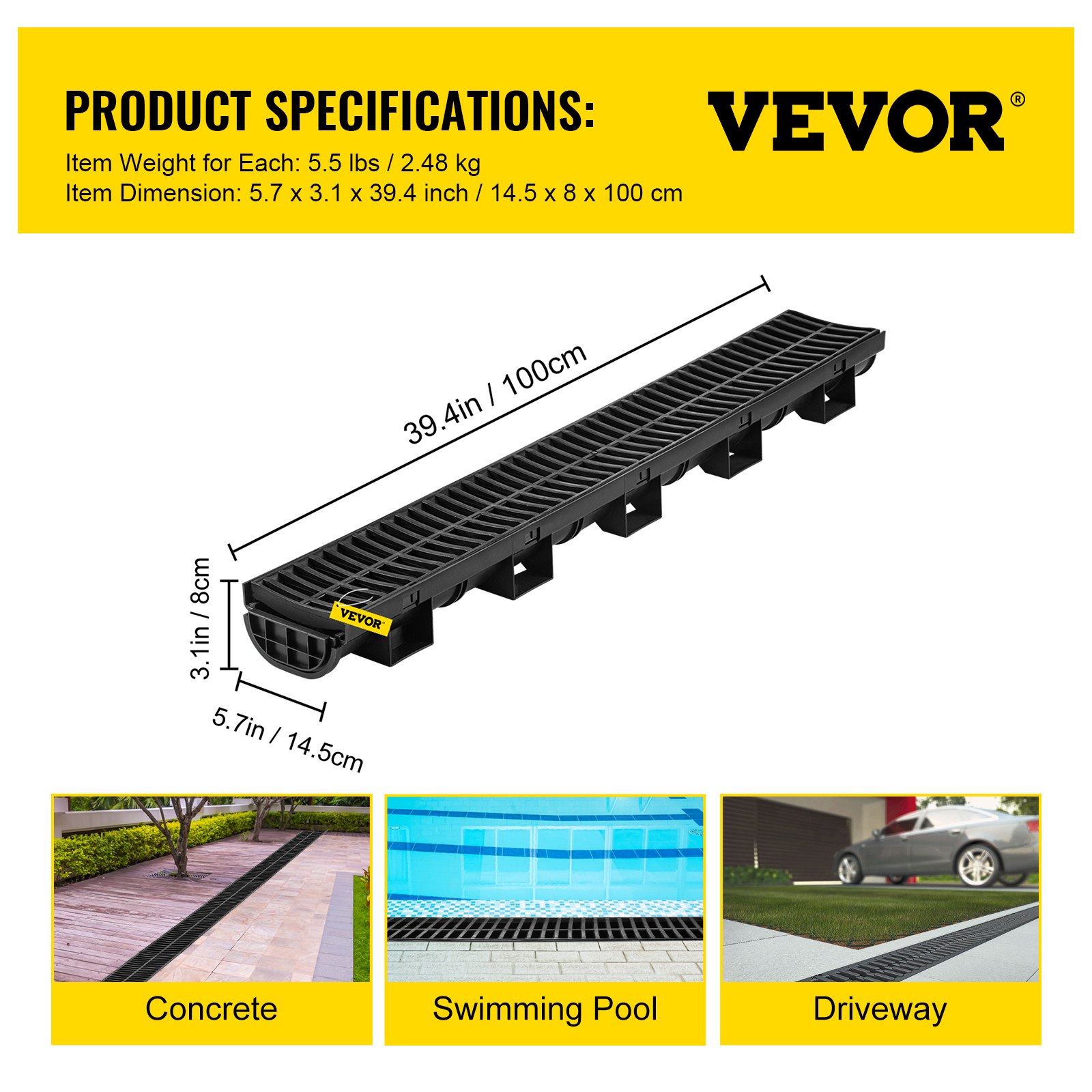 Sistema de drenaje de zanja VEVOR con dimensiones y peso, ideal para hormigón, piscinas, caminos de acceso.
