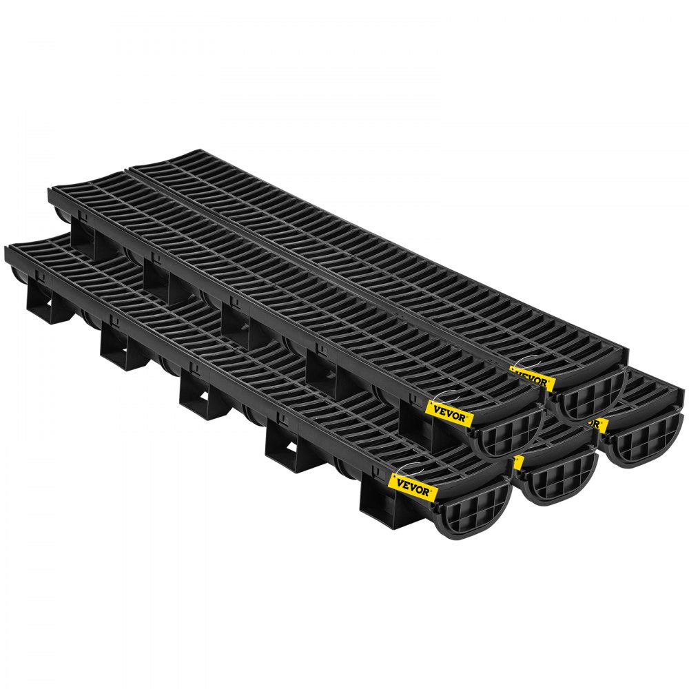Sistema de drenaje de zanja VEVOR de plástico negro con etiquetas amarillas, apiladas en capas.