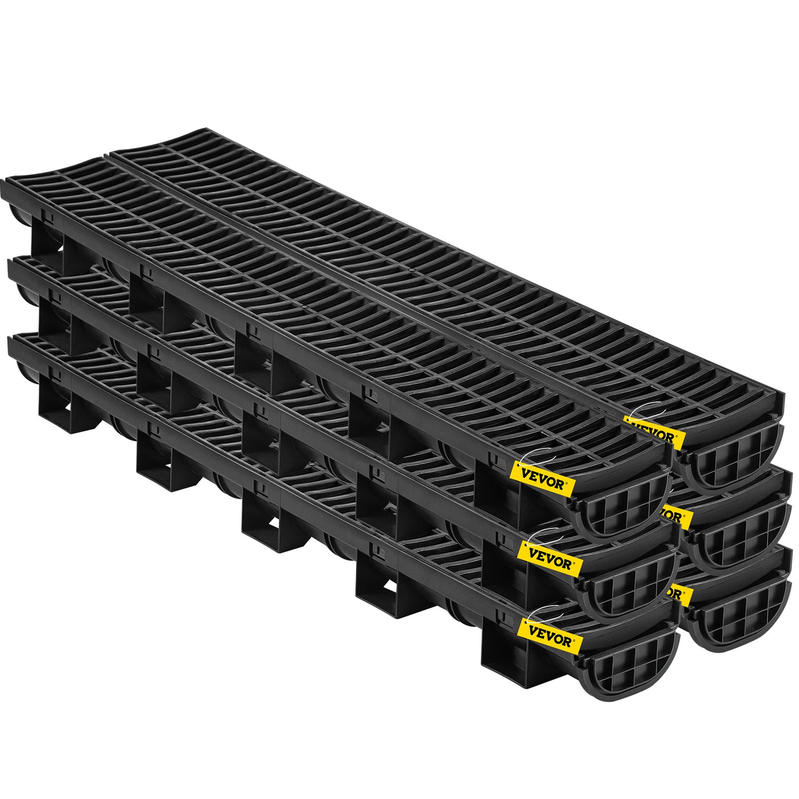 Secciones modulares apiladas del sistema de drenaje de zanja VEVOR con rejillas negras y etiquetas amarillas.