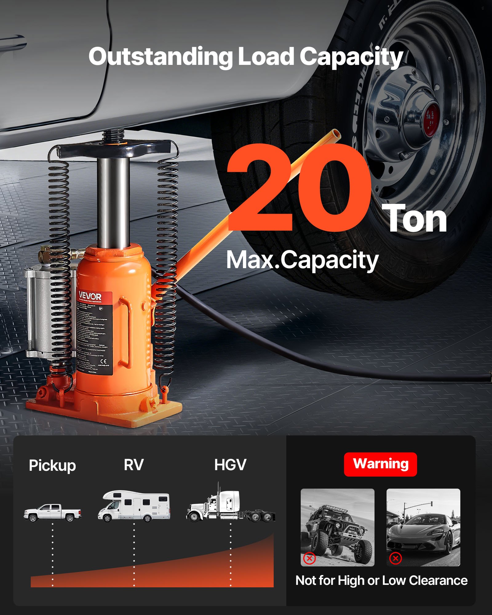 Gato hidráulico de botella VEVOR, capacidad de 20 toneladas (44092 libras), rango de elevación de 10.2 a 19.5 pulgadas, gato neumático/manual de alta resistencia soldado con bomba para reparación de automóviles, SUV, camionetas, camiones y vehículos recreativos, color naranja