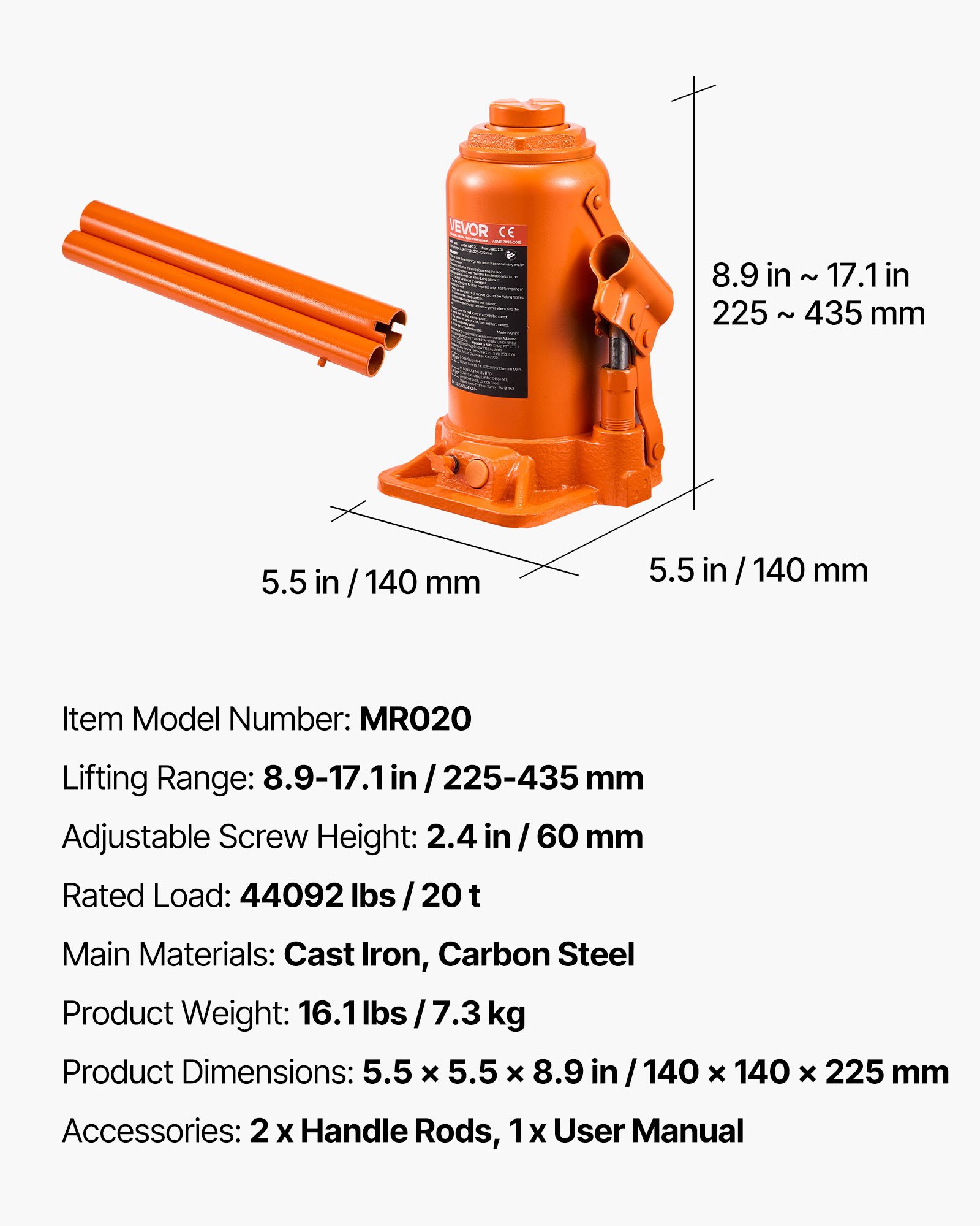 Gato hidráulico de botella VEVOR, capacidad de 20 toneladas (44 092 lb), rango de elevación de 8,9 a 17,1 pulgadas, resistente, soldado, para automóviles, SUV, camionetas, talleres mecánicos, elevadores de viviendas y equipos agrícolas, color naranja.