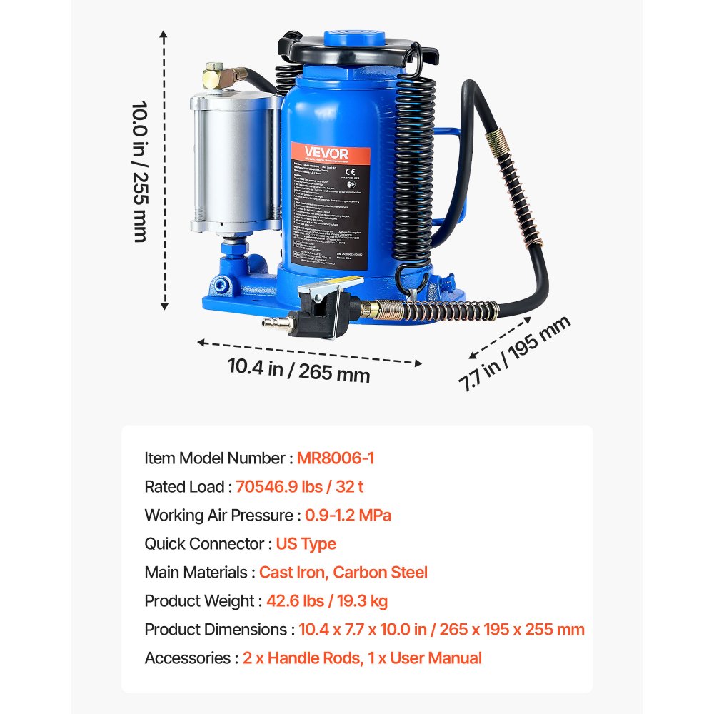Gato hidráulico de botella VEVOR, capacidad de 32 toneladas (70 546,9 lb), rango de elevación de 10 a 16,3 pulgadas, neumático/manual, resistente, soldado, con bomba para automóviles, SUV, camionetas, vehículos recreativos y talleres de reparación de automóviles, color azul.