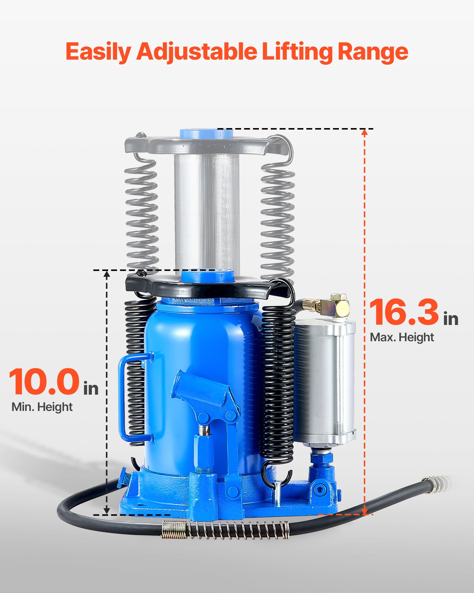Gato hidráulico de botella VEVOR, capacidad de 32 toneladas (70 546,9 lb), rango de elevación de 10 a 16,3 pulgadas, neumático/manual, resistente, soldado, con bomba para automóviles, SUV, camionetas, vehículos recreativos y talleres de reparación de automóviles, color azul.