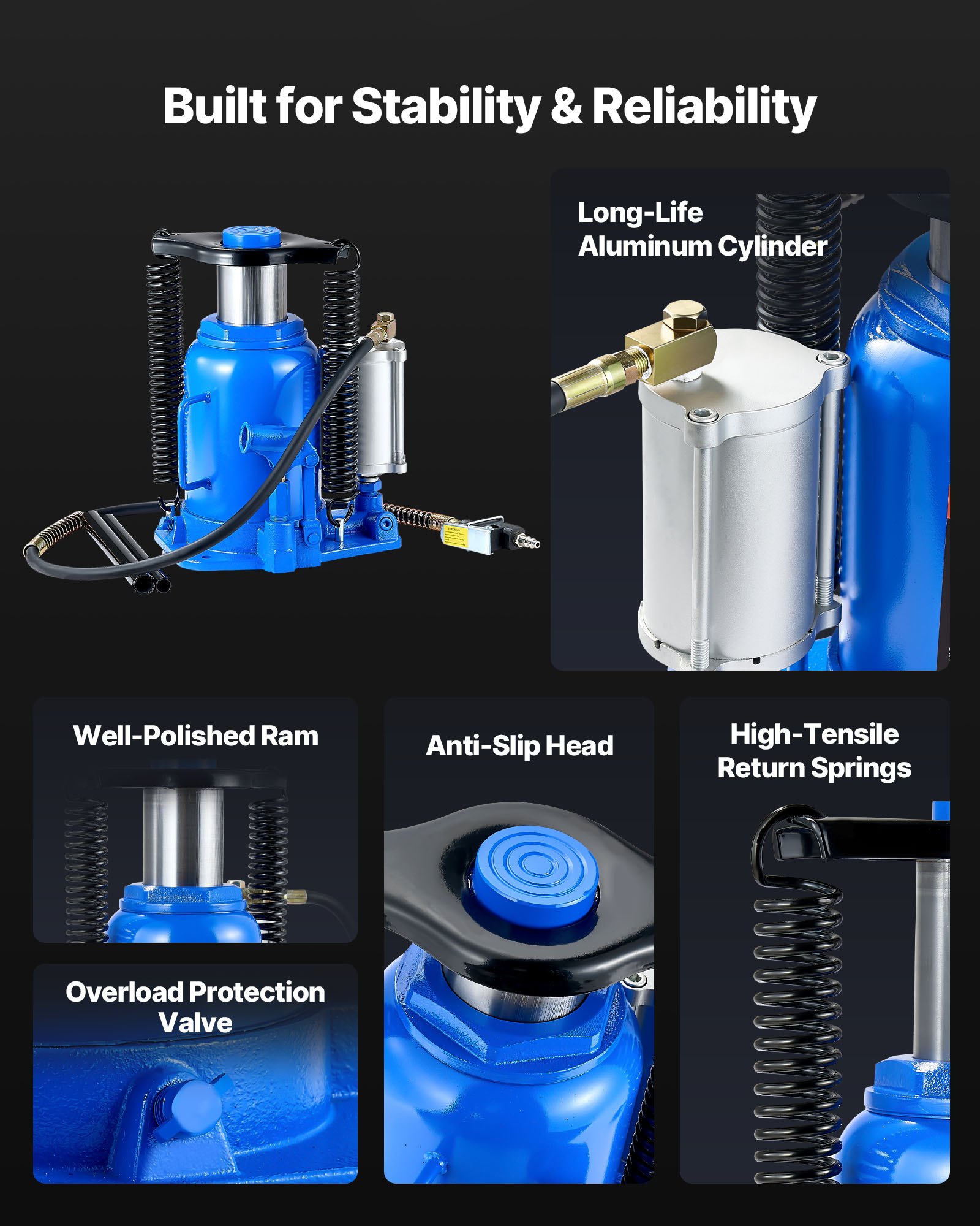 Gato hidráulico de botella VEVOR, capacidad de 32 toneladas (70 546,9 lb), rango de elevación de 10 a 16,3 pulgadas, neumático/manual, resistente, soldado, con bomba para automóviles, SUV, camionetas, vehículos recreativos y talleres de reparación de automóviles, color azul.