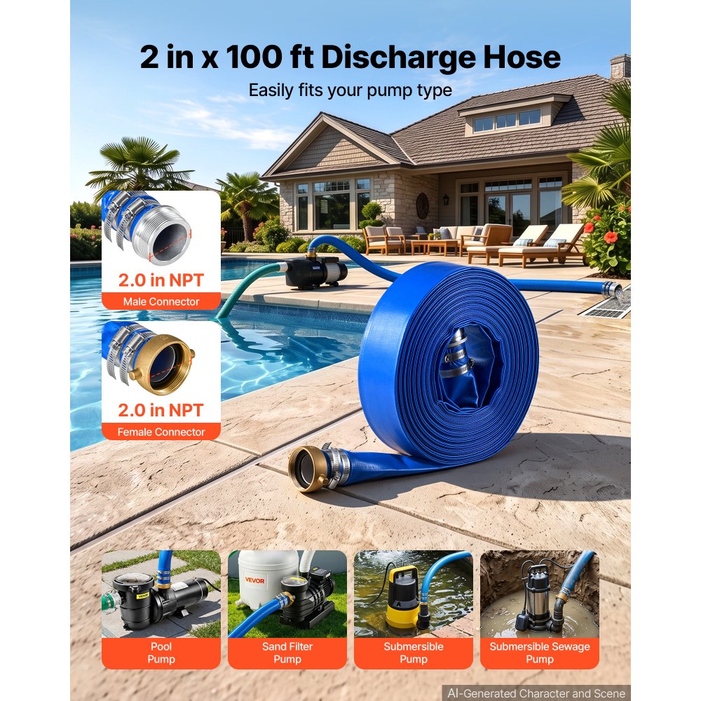 VEVOR Manguera Plana para Descarga de Agua, 5,08 cm x 30,48 m, de PVC, Resistente a la Intemperie y a las Roturas, con Conexiones de Pasador, para Filtro de Arena y Bomba de Sumidero de Piscinas, Azul