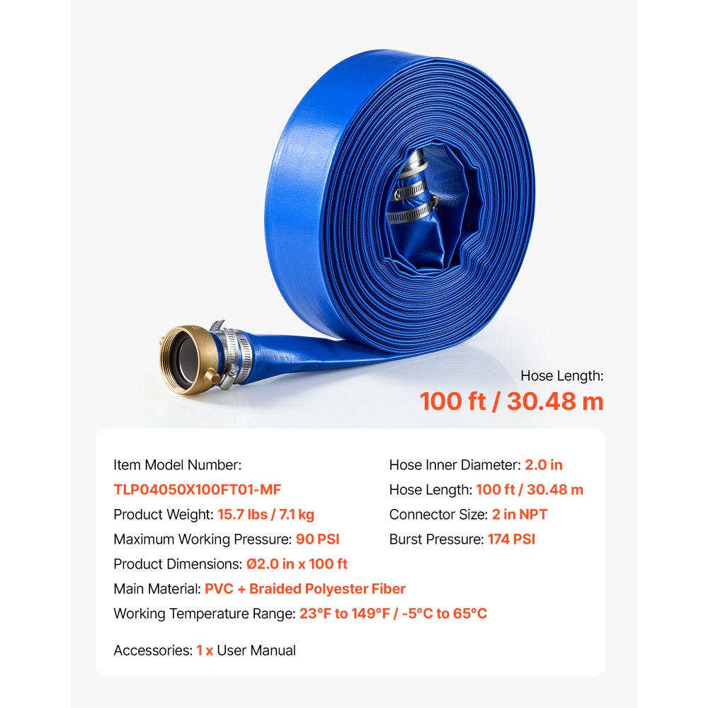 VEVOR Manguera Plana para Descarga de Agua, 5,08 cm x 30,48 m, de PVC, Resistente a la Intemperie y a las Roturas, con Conexiones de Pasador, para Filtro de Arena y Bomba de Sumidero de Piscinas, Azul