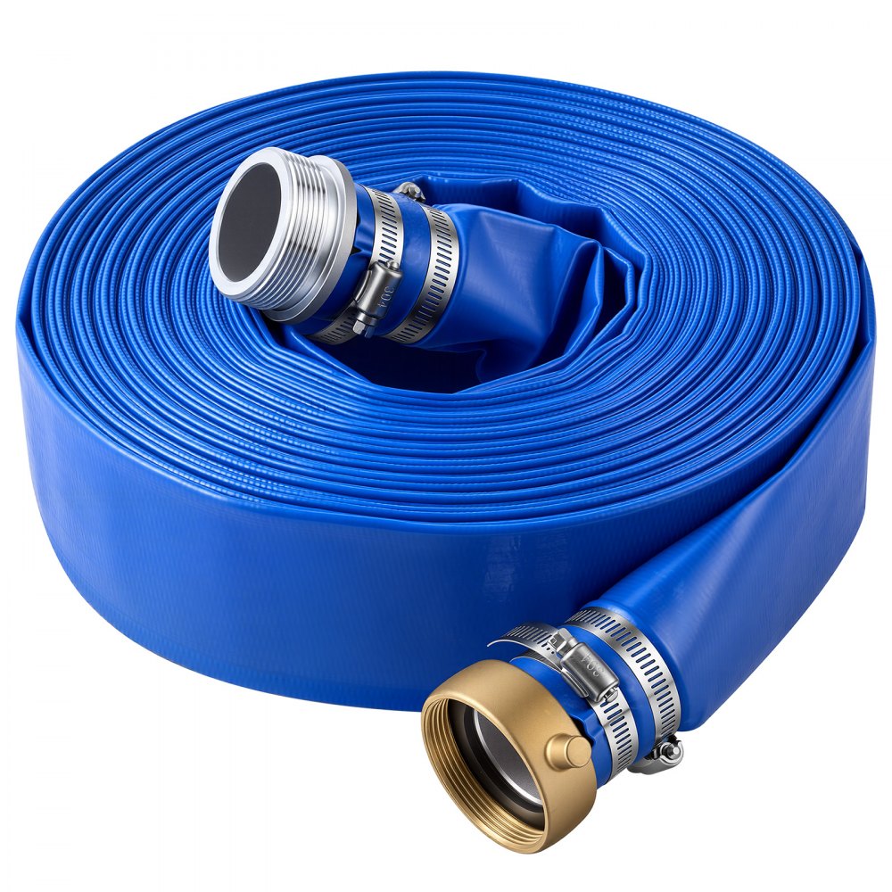VEVOR Manguera Plana para Descarga de Agua, 5,08 cm x 30,48 m, de PVC, Resistente a la Intemperie y a las Roturas, con Conexiones de Pasador, para Filtro de Arena y Bomba de Sumidero de Piscinas, Azul