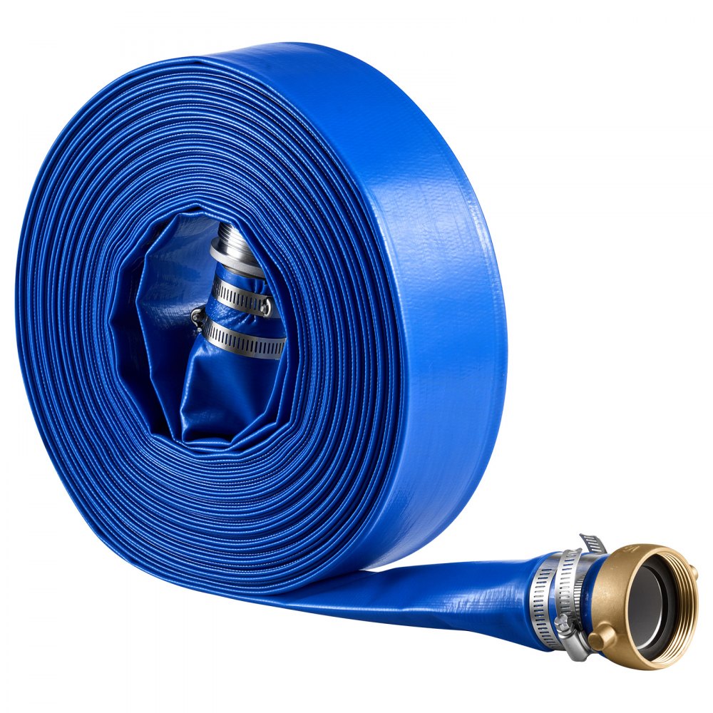 VEVOR Manguera Plana para Descarga de Agua, 5,08 cm x 30,48 m, de PVC, Resistente a la Intemperie y a las Roturas, con Conexiones de Pasador, para Filtro de Arena y Bomba de Sumidero de Piscinas, Azul