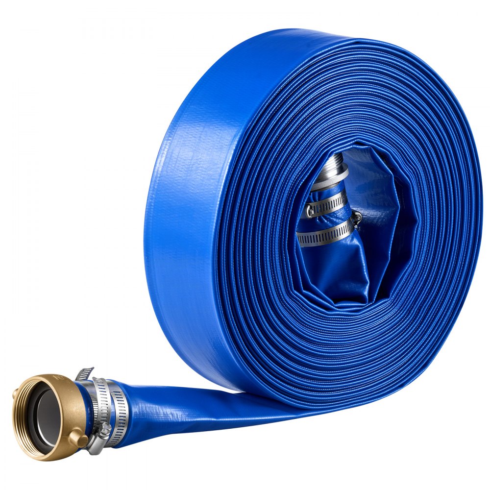 VEVOR Manguera Plana para Descarga de Agua, 5,08 cm x 30,48 m, de PVC, Resistente a la Intemperie y a las Roturas, con Conexiones de Pasador, para Filtro de Arena y Bomba de Sumidero de Piscinas, Azul