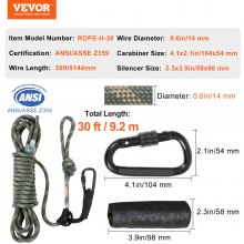 VEVOR Cuerda de seguridad para soporte de árbol, cuerda salvavidas Treestand de 30 pies/91,44 m, tensión de rotura de 30 KN, línea de seguridad de caza de 0,6 pulgadas con nudo Prusik, 2 mosquetones y silenciador, para correas de árboles y escalada