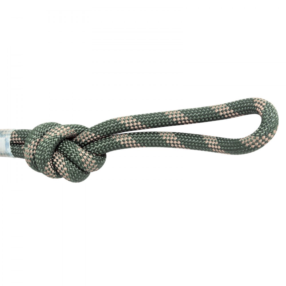 Cuerda verde con detalles en color canela atada con un nudo que forma un bucle. Cuerda de seguridad para soporte de árbol VEVOR.