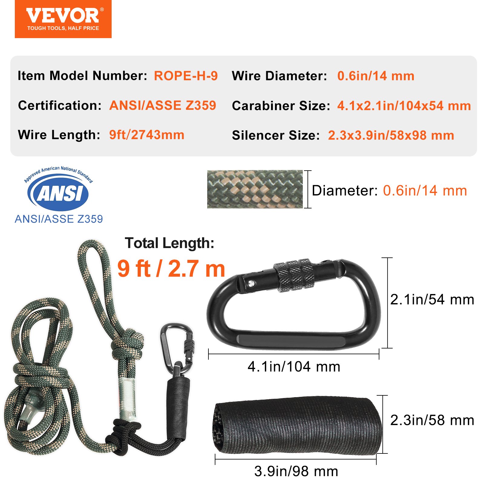 Cuerda de seguridad para soporte de árbol VEVOR, 9 pies/2,7 m de largo, certificación ANSI/ASSE Z359, diámetro de cable de 0,6 pulgadas/14 mm.