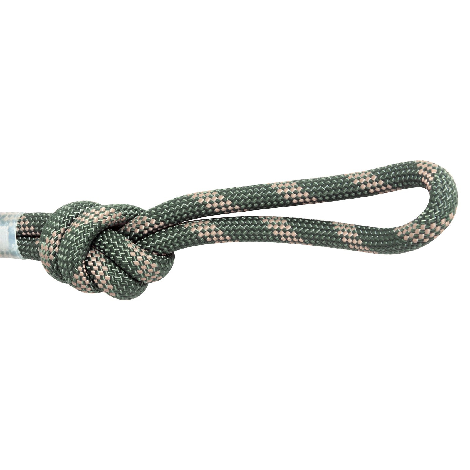 Cuerda verde con detalles en color canela atada con un nudo que forma un bucle. Cuerda de seguridad para soporte de árbol VEVOR.