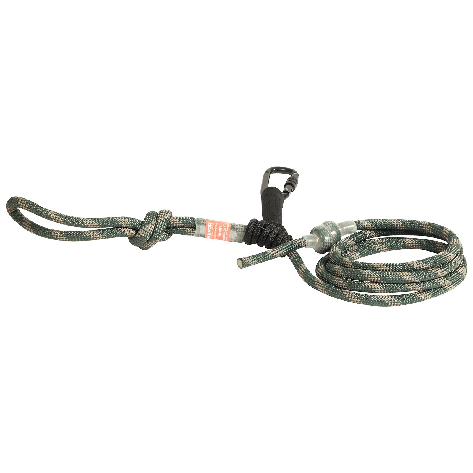 Cuerda de seguridad verde con mosquetón para soporte de árbol. Cuerda de seguridad para soporte de árbol VEVOR enrollada y asegurada.