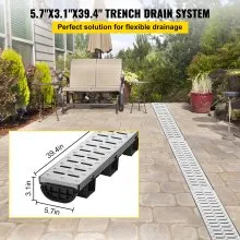 Sistema de drenaje de trinchera VEVOR, drenaje de canal con rejilla de metal, trinchera de drenaje de HDPE de 5.7 x 3.1 pulgadas, drenaje de piso de garaje de plástico negro, rejilla de drenaje de trinchera de 5 x 39, con 5 tapas finales, para jardín, entrada, paquete de 5