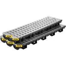 Sistema de drenaje de trinchera VEVOR, drenaje de canal con rejilla de metal, trinchera de drenaje de HDPE de 5.7 x 3.1 pulgadas, drenaje de piso de garaje de plástico negro, rejilla de drenaje de trinchera de 5 x 39, con 5 tapas finales, para jardín, entrada, paquete de 5