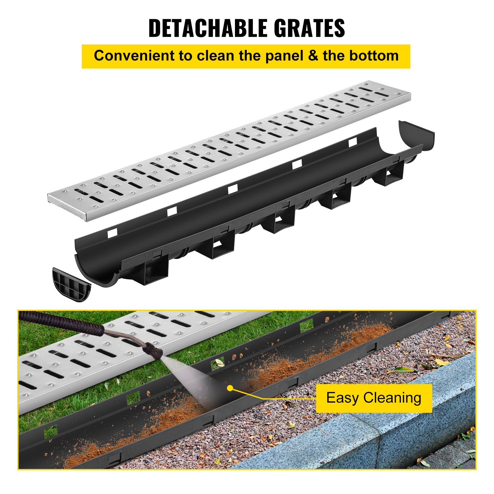 Sistema de drenaje de zanja VEVOR con rejillas desmontables para una fácil limpieza.