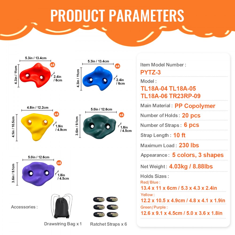 Kit de escalada de árboles Ninja VEVOR, 20 presas y 6 correas de trinquete, rocas de escalada grandes para niños y adultos, varios colores y formas, para entrenamiento de obstáculos de guerreros ninja al aire libre.