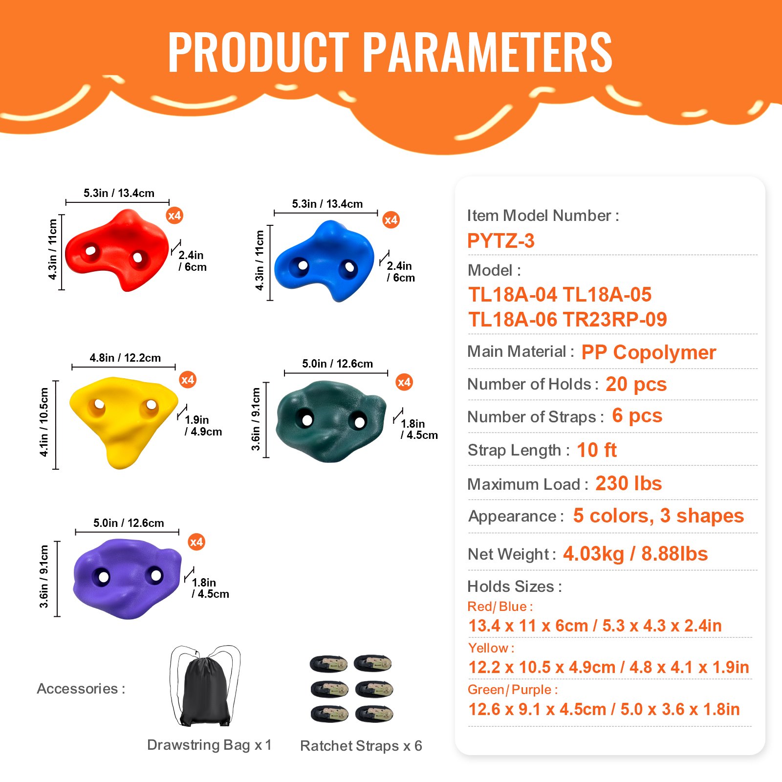 Kit de escalada de árboles Ninja VEVOR, 20 presas y 6 correas de trinquete, rocas de escalada grandes para niños y adultos, varios colores y formas, para entrenamiento de obstáculos de guerreros ninja al aire libre.