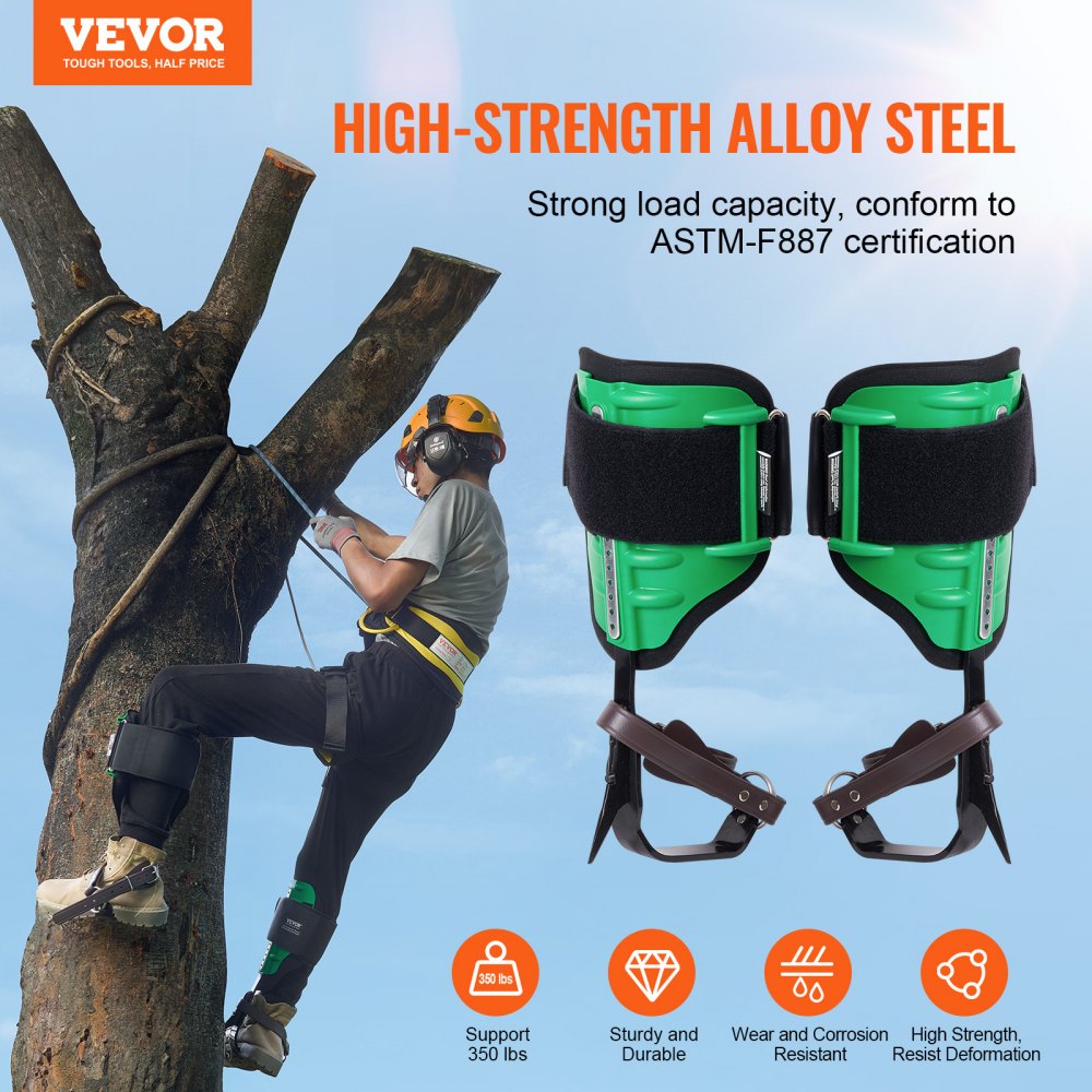 VEVOR - Espuelas para trepar árboles (1 par, acero aleado, capacidad de carga de 159 kg, incluye correas y protectores de espiga), equipo de arboricultura para trepar, cazar y recolectar fruta, color verde