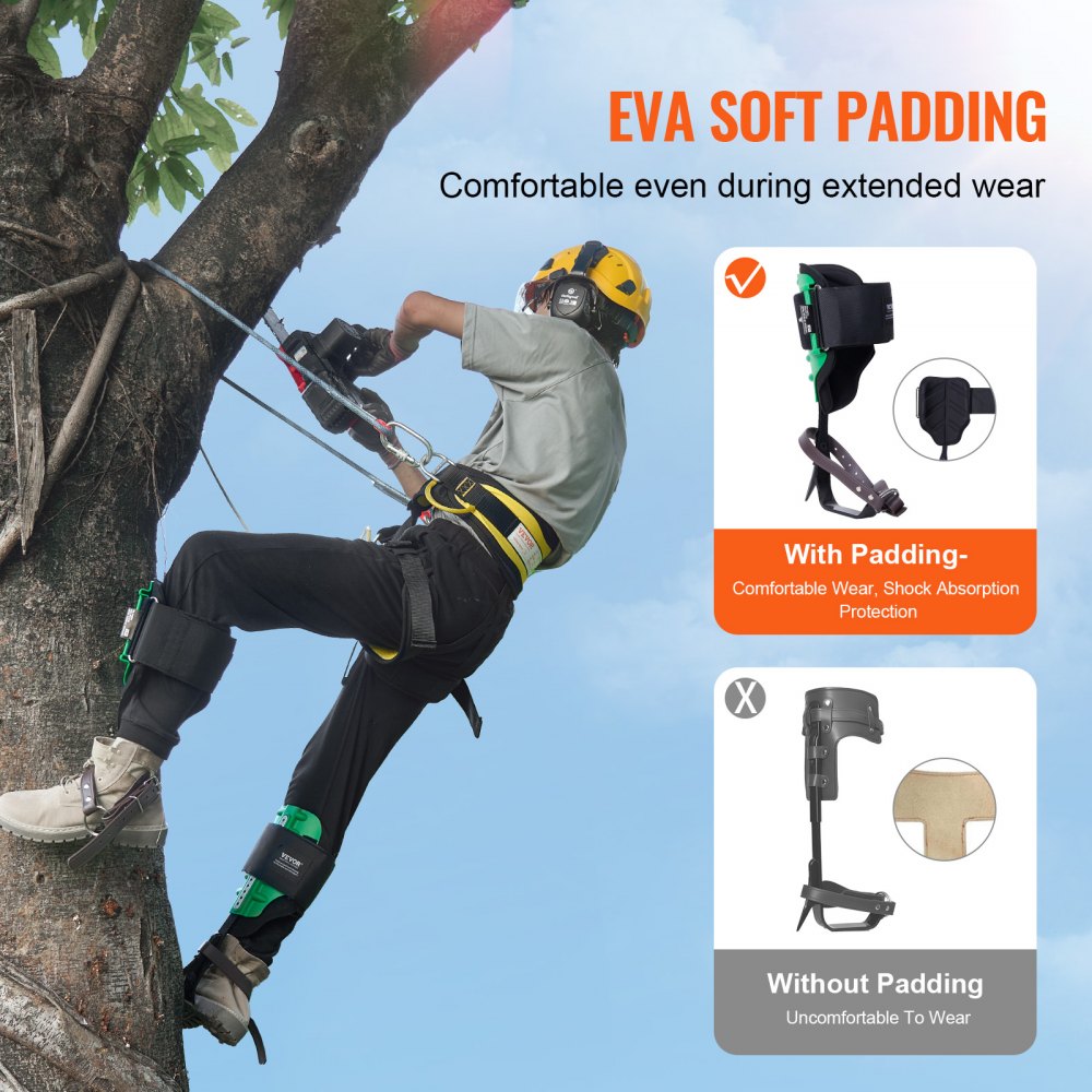 VEVOR - Espuelas para trepar árboles (1 par, acero aleado, capacidad de carga de 159 kg, incluye correas y protectores de espiga), equipo de arboricultura para trepar, cazar y recolectar fruta, color verde