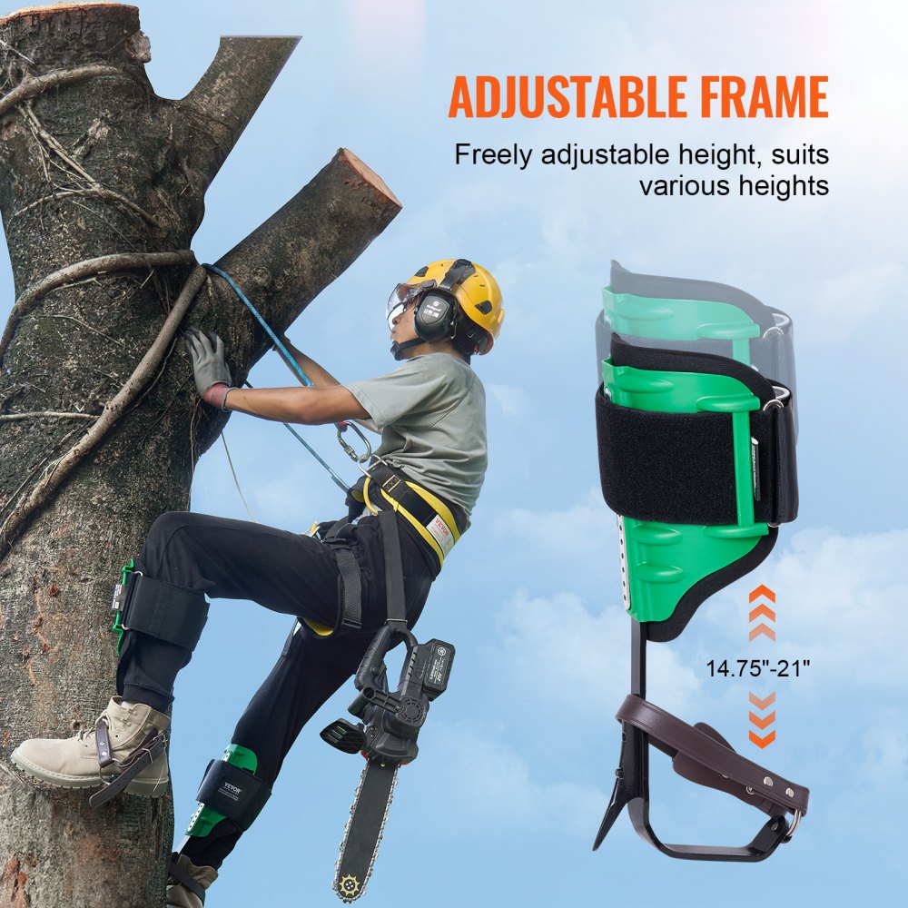 VEVOR - Espuelas para trepar árboles (1 par, acero aleado, capacidad de carga de 159 kg, incluye correas y protectores de espiga), equipo de arboricultura para trepar, cazar y recolectar fruta, color verde