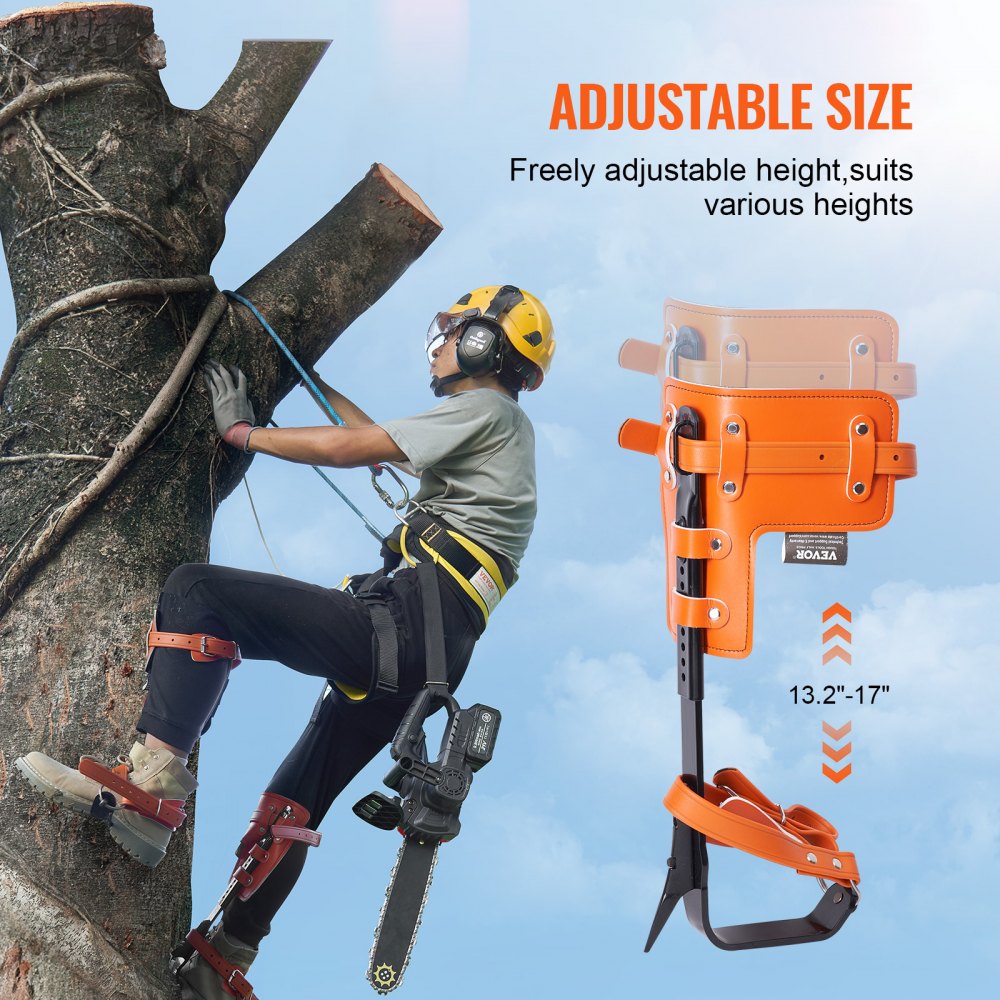 VEVOR - Espuelas para trepar árboles (1 par, acero aleado, capacidad de carga de 159 kg, incluye correas y protectores de espiga), equipo de arboricultura para trepar, cazar y recolectar fruta, color naranja