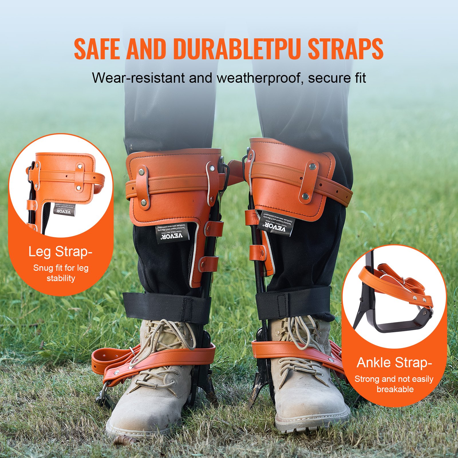 VEVOR - Espuelas para trepar árboles (1 par, acero aleado, capacidad de carga de 159 kg, incluye correas y protectores de espiga), equipo de arboricultura para trepar, cazar y recolectar fruta, color naranja