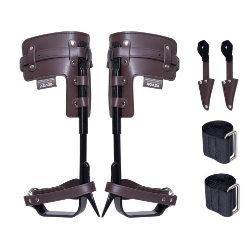 VEVOR - Espuelas para trepar árboles (1 par, acero aleado, capacidad de carga de 159 kg, incluye correas y protectores de espiga), equipo de arboricultura para trepar, cazar y recolectar fruta, color marrón