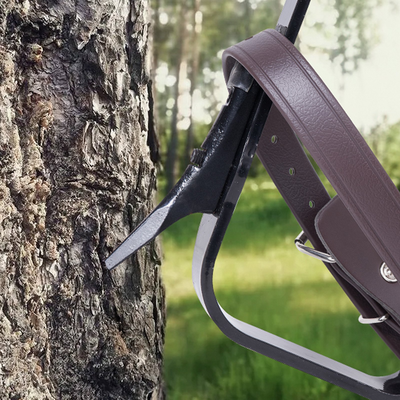 VEVOR - Espuelas para trepar árboles (1 par, acero aleado, capacidad de carga de 159 kg, incluye correas y protectores de espiga), equipo de arboricultura para trepar, cazar y recolectar fruta, color marrón