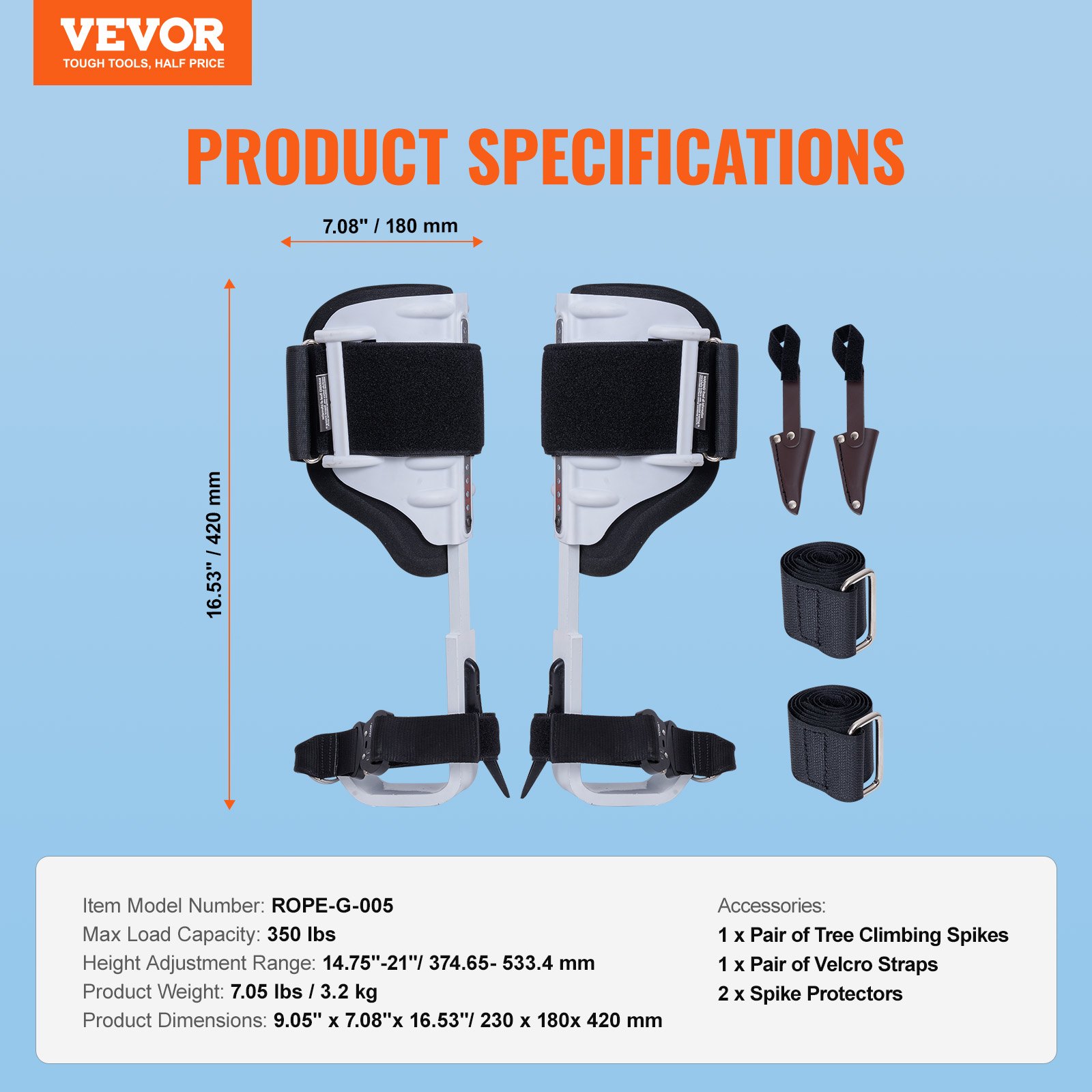 VEVOR - Espuelas de escalada para árboles (1 par, aluminio, capacidad de carga de 159 kg, incluye correas y protectores de espuelas), equipo de arboricultura para trepar, cazar y recolectar fruta, color blanco