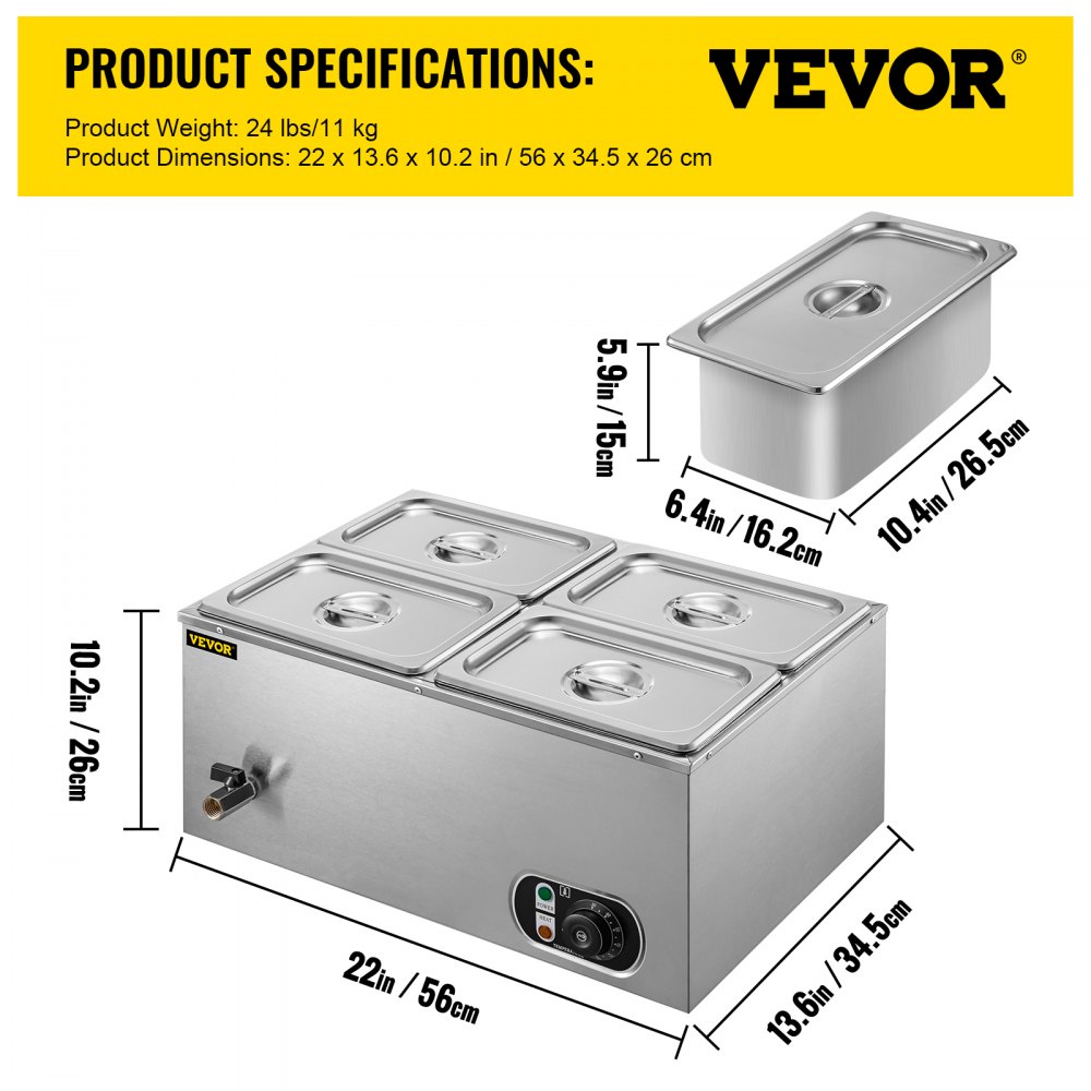Calentador de alimentos comercial VEVOR de 110 V, 4 bandejas de acero inoxidable de 1/4 GN, capacidad de 14.8 cuartos de galón, mesa de vapor de 1500 W, 15 cm de profundidad, control de temperatura de 86-185 °C, calentador de sopa eléctrico con tapas y 2 cucharones.