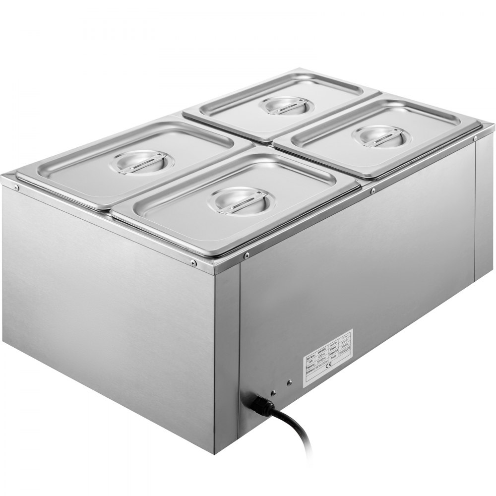 Calentador de alimentos comercial VEVOR de 110 V, 4 bandejas de acero inoxidable de 1/4 GN, capacidad de 14.8 cuartos de galón, mesa de vapor de 1500 W, 15 cm de profundidad, control de temperatura de 86-185 °C, calentador de sopa eléctrico con tapas y 2 cucharones.