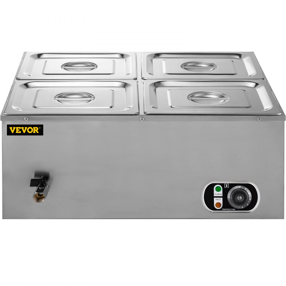 Calentador de alimentos comercial VEVOR de 110 V, 4 bandejas de acero inoxidable de 1/4 GN, capacidad de 14.8 cuartos de galón, mesa de vapor de 1500 W, 15 cm de profundidad, control de temperatura de 86-185 °C, calentador de sopa eléctrico con tapas y 2 cucharones.