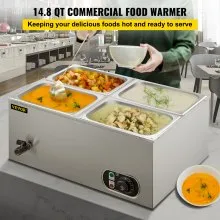 VEVOR Calentador de Comida Calentador de alimentos comercial de 110 V 4x1/4GN baño María de acero inoxidable de 4 bandejas capacidad de 14,8 cuartos