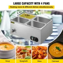 VEVOR Calentador de Comida Calentador de alimentos comercial de 110 V 4x1/4GN baño María de acero inoxidable de 4 bandejas capacidad de 14,8 cuartos