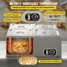 VEVOR Calentador de Comida Calentador de alimentos comercial de 110 V 4x1/4GN baño María de acero inoxidable de 4 bandejas capacidad de 14,8 cuartos
