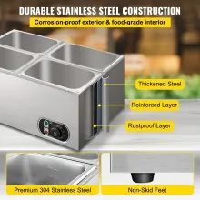 VEVOR Calentador de Comida Calentador de alimentos comercial de 110 V 4x1/4GN baño María de acero inoxidable de 4 bandejas capacidad de 14,8 cuartos