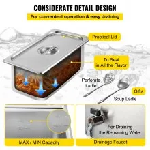 VEVOR Calentador de Comida Calentador de alimentos comercial de 110 V 4x1/4GN baño María de acero inoxidable de 4 bandejas capacidad de 14,8 cuartos