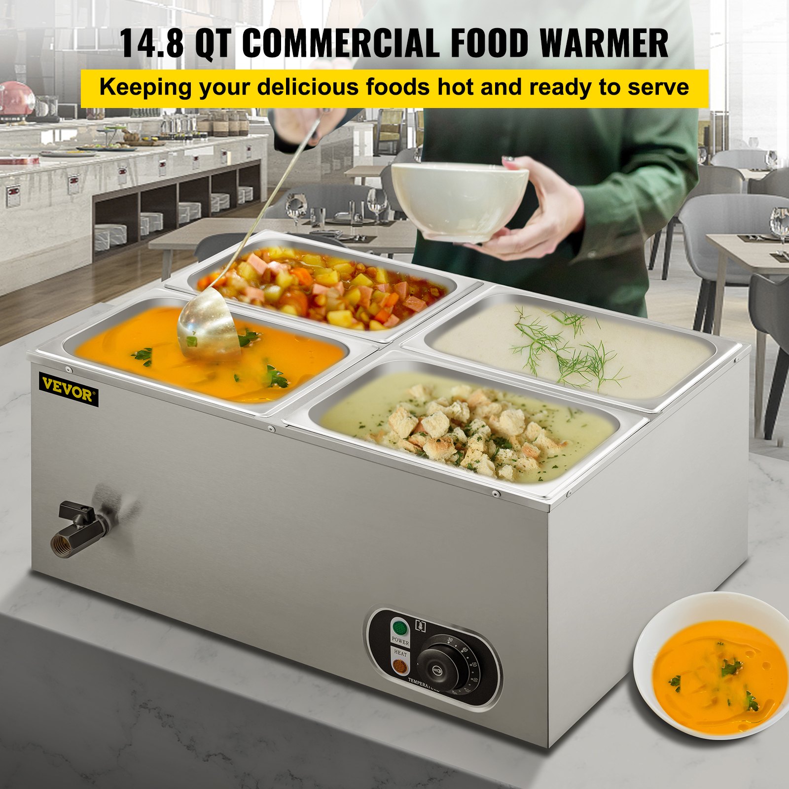 Calentador de alimentos comercial VEVOR de 110 V, 4 bandejas de acero inoxidable de 1/4 GN, capacidad de 14.8 cuartos de galón, mesa de vapor de 1500 W, 15 cm de profundidad, control de temperatura de 86-185 °C, calentador de sopa eléctrico con tapas y 2 cucharones.