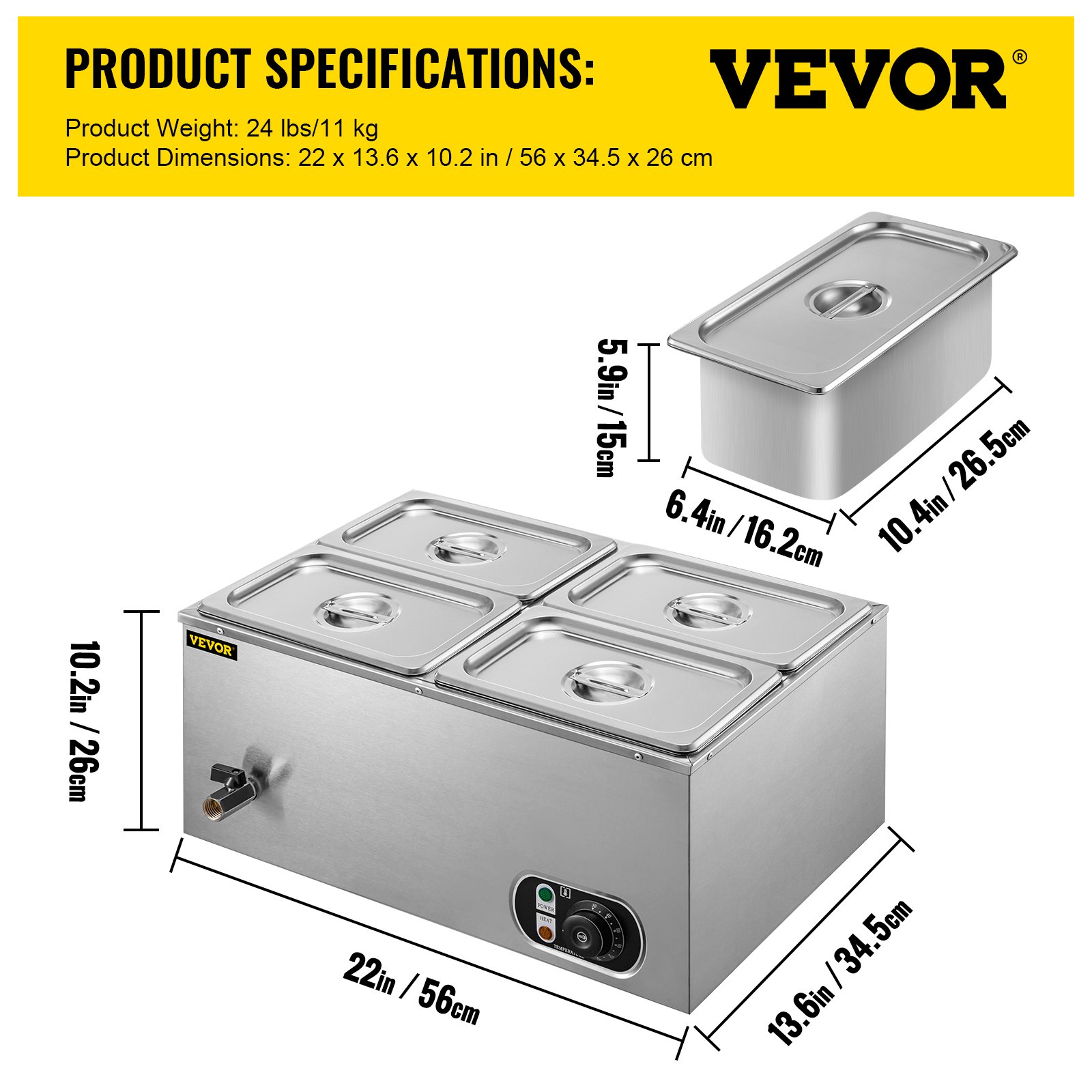 Calentador de alimentos comercial VEVOR de 110 V, 4 bandejas de acero inoxidable de 1/4 GN, capacidad de 14.8 cuartos de galón, mesa de vapor de 1500 W, 15 cm de profundidad, control de temperatura de 86-185 °C, calentador de sopa eléctrico con tapas y 2 cucharones.